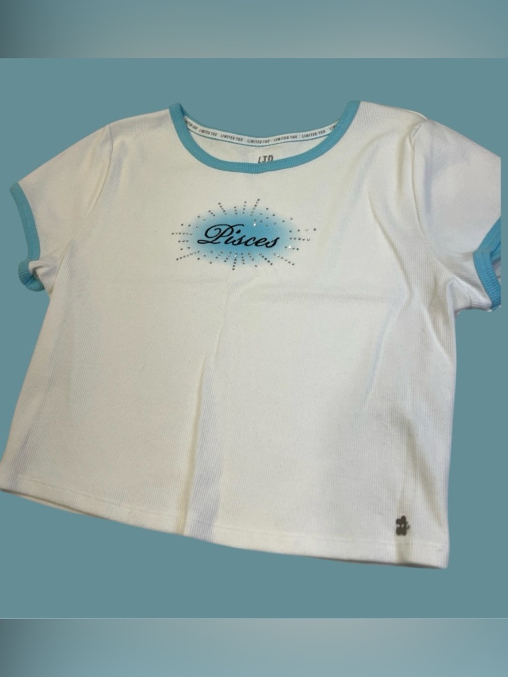 Limited Too White Crop Tee with Light Blue Trim and Pisces Graphic NWT